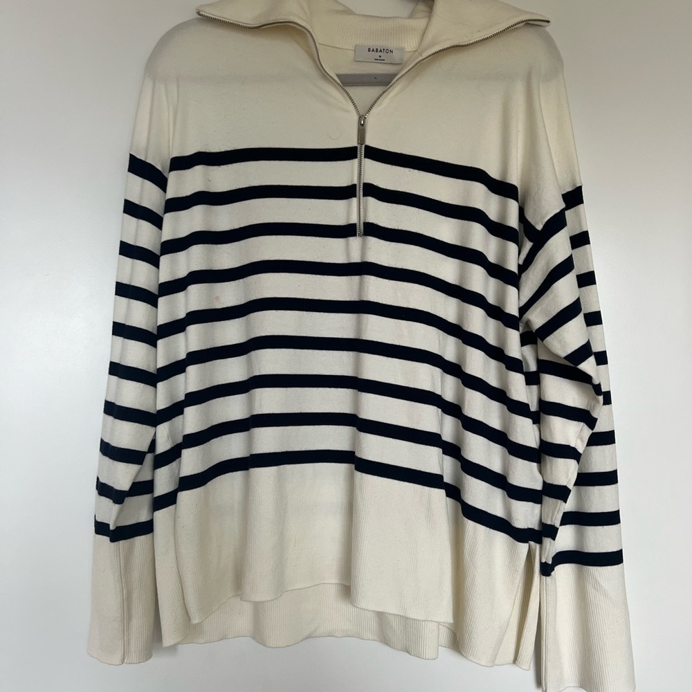 Babaton Cream and Black Striped Half-Zip Sweater